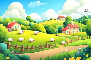 Fototapeta premium Beautiful landscape vector illustration of mountains, forests, fields and meadows. Stunning panoramic farm landscape with mountains in the background. Natural landscape