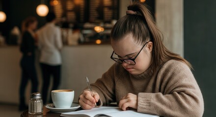 Young woman with down syndrome studying in a cozy cafe setting