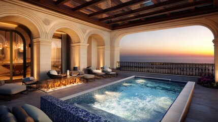 Luxurious Outdoor Poolside View at Sunset with Elegant Architecture, Inviting Lounge Chairs, and Tranquil Sea Horizon in a Modern Design Setting