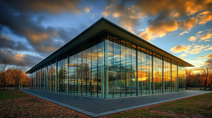 Obraz premium Modern office building A modern hospital building features a glass facade with commercial office buildings in the background, modern landscape design with big green bushes.