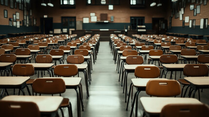 Fototapeta premium An empty classroom with neatly arranged rows of wooden desks and chairs, under warm lighting, with walls decorated with framed certificates and a blackboard at the front.