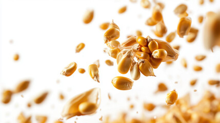 Falling corn seeds isolated on white background with clipping path