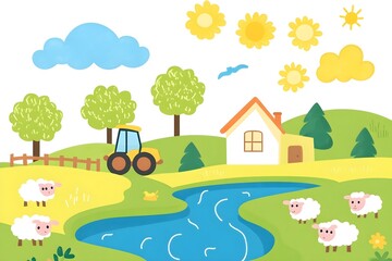 Fototapeta premium Beautiful landscape vector illustration of mountains, forests, fields and meadows. Stunning panoramic farm landscape with mountains in the background. Natural landscape