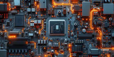 Fototapeta premium Glowing Motherboard with Futuristic Circuits, Advanced Microchip Technology in Electronics