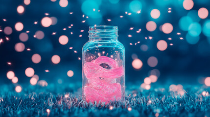 on the fluffy grass at night there is a glass bottle completely filled with pink waves, many fireflies fly above and around it, beautiful mountains in the background, magic atmosphere