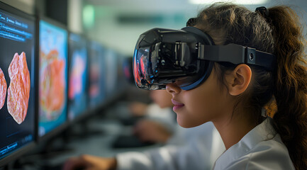 A young girl wearing a virtual reality headset engages with computer screens displaying scientific images, highlighting technology in education.
