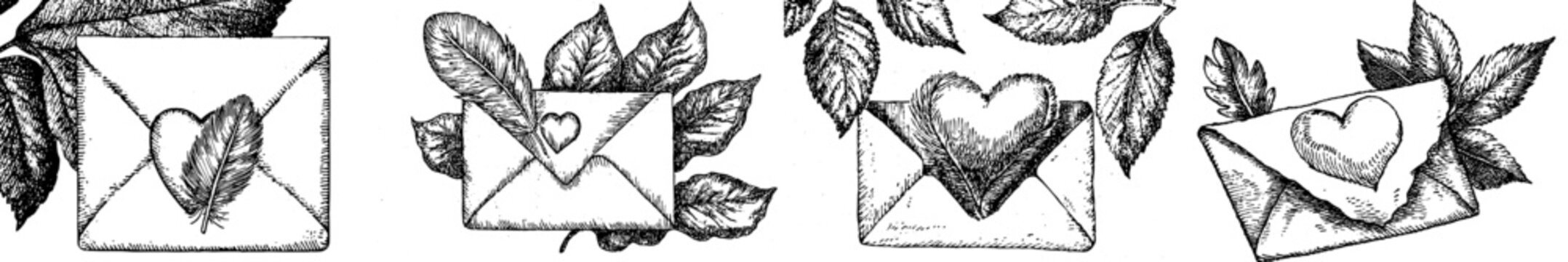 Ink sketch of an envelope with a heart and a flower on it. Engraved in a vintage style.