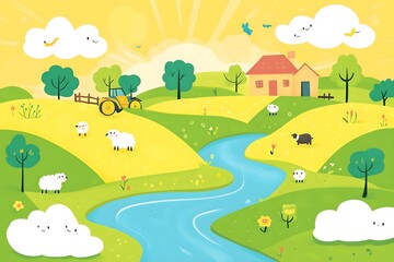 Fototapeta premium Beautiful landscape vector illustration of mountains, forests, fields and meadows. Stunning panoramic farm landscape with mountains in the background. Natural landscape