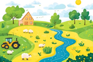 Fototapeta premium Beautiful landscape vector illustration of mountains, forests, fields and meadows. Stunning panoramic farm landscape with mountains in the background. Natural landscape