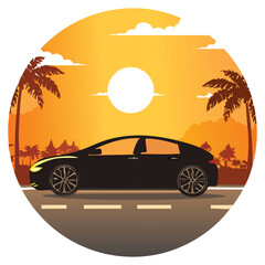 Silhouette of a sleek modern car on a tropical road at sunset, surrounded by palm trees and a scenic horizon. Ideal for travel, automotive, or t shirts designs and marketing designs
