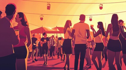 Vibrant Summer Evening Outdoor Gathering with Lively Atmosphere and Social Interactions, Featuring Colorful Sunset Lighting and Engaging Friends Enjoying Drinks Together