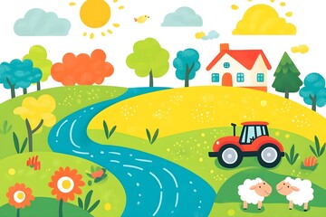 Fototapeta premium Beautiful landscape vector illustration of mountains, forests, fields and meadows. Stunning panoramic farm landscape with mountains in the background. Natural landscape