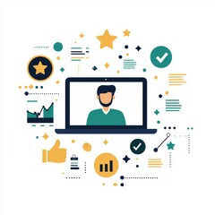 minimalist infographic features stylish laptop faceless user surrounded success icons representing five star ratings thumbs up and performance indicators clean background.