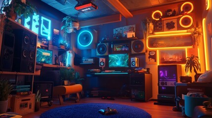 Obraz premium A cozy and immersive gaming space with surround speakers, a glowing PC, and layered neon lights in blue and orange