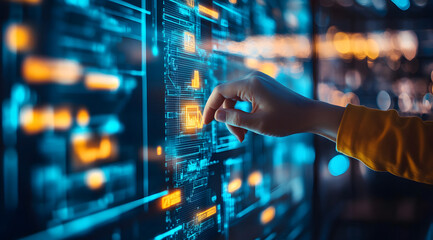 A person interacts with a digital interface displaying vibrant data visuals, symbolizing technology and innovation.