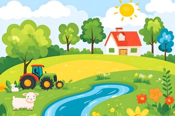 Beautiful landscape vector illustration of mountains, forests, fields and meadows. Stunning panoramic farm landscape with mountains in the background. Natural landscape