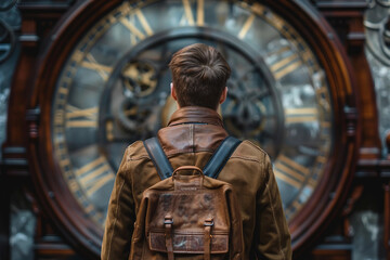 Naklejka premium Generative AI Portrait of a Fantasy Time Traveler Contemplating Antique Clock Mechanism
