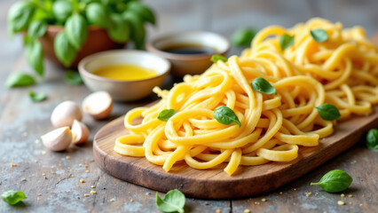 Homemade pasta cut into flat ribbons sitting on a cutting board with fresh herbs and garlic cloves.