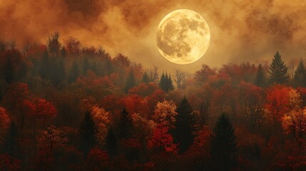 Full Moon over Autumn Forest