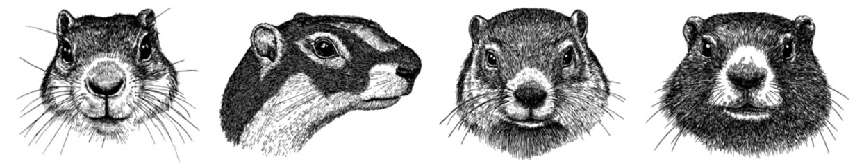 In this black and white modern illustration, a marmot set is isolated against a groundhog silhouette background. The image is engraved with a vintage engraving.