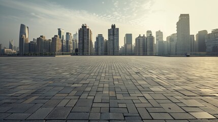 Empty square floor with city skyline background, City skyline with bustling innovation district, vibrant urban scene