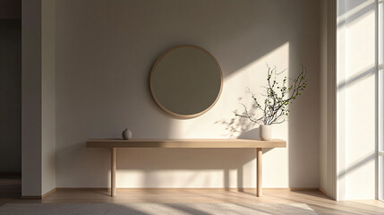Minimalist Interior Design Sunlit Console Table with Mirror and Branches