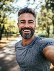 Fototapeta premium Fit Man Taking Selfie in Park