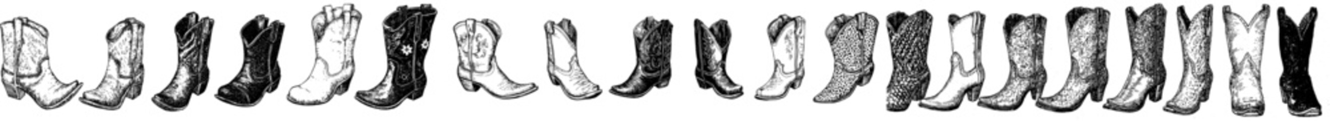 There are different cowgirl boots here. Traditional western cowboy boots decorated with embroidery wild west elements. Realistic modern art illustrations isolated on transparent background.
