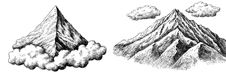 Illustration of a mountain drawn in ink. A modern engraving style illustration.