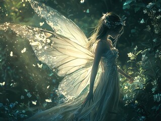 Enchanting Fairy Embracing Nature with Iridescent Butterfly Wings Illuminated by Soft Light Amidst a Magical Garden of Blossoming Flowers and Softly Glowing Butterflies