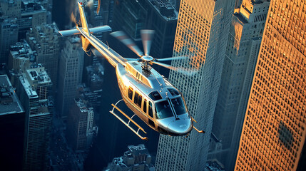 A black helicopter flying over the city, showcasing its sleek design and impressive panoramic view of skyscrapers. A police helicopter in mid-flight over a dense urban landscape, with buildings and st
