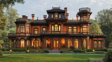Obraz premium Elegant mansion with intricate architecture and lush surroundings.