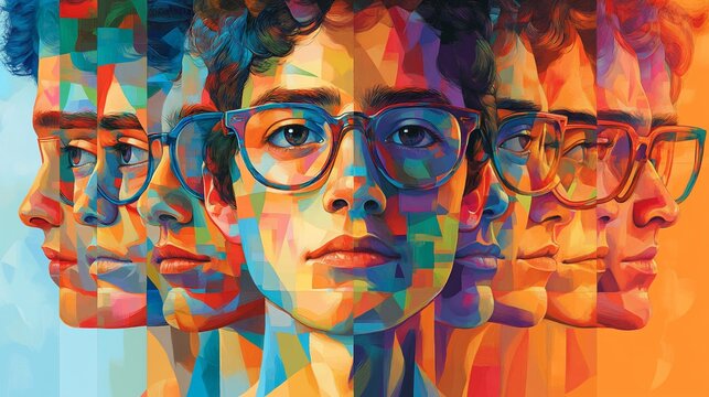 A young man with glasses, his face a mosaic of colorful geometric shapes, creates a sense of multiplicity and individuality.