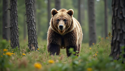 Fototapeta premium Bear in a curious mood walking through a green forest with wildflowers