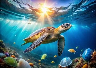 Obraz premium Sea Turtle Swimming Through Plastic Waste in Ocean, Illustrating the Urgent Need for Environmental Protection and Awareness of Marine Pollution Impact on Wildlife and Ecosystems