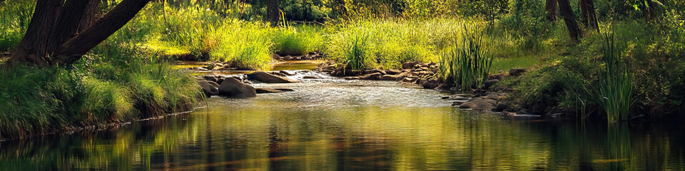 Calming Creek Confluence: Two gently flowing creeks meeting at the edge of a shallow lake, creating a tranquil scene.