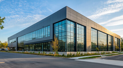 Obraz premium A low-angle view of a modern glass building in the city Futuristic Architecture. Modernity concept with geometric patterns and reflective surfaces, showcasing modern architectural aesthetics.