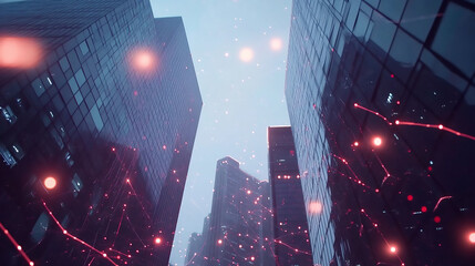 A futuristic cityscape with skyscrapers consisting of digital screens and billboards displaying various data, and cars speeding on the highway, high-tech road and highway lighting City Lights Blurred.