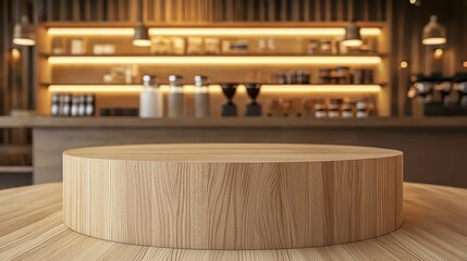 Modern Minimalist Wooden Table Display in a Cozy Coffee Shop Interior with Soft Lighting and Stylish Shelving in the Background