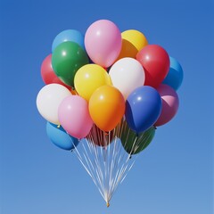 Obraz premium Colorful balloons bunch against a clear blue sky.