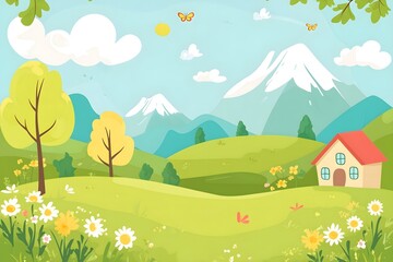 Fototapeta premium Beautiful landscape vector illustration of mountains, forests, fields and meadows. Stunning panoramic farm landscape with mountains in the background. Natural landscape