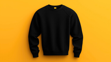 Black sweatshirt displayed against a vibrant orange background, emphasizing its classic design and style, with ribbed cuffs, neckline, and hem.