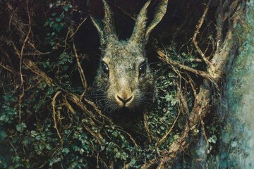 Obraz premium Majestic Hare Emerges from Lush Greenery in a Shadowy Woodland Scene, Displaying Intricate Details of its Fur and Captivating Eyes, Symbolizing Nature's Beauty and Mystery
