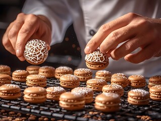 A chef decorates macarons with intricate designs in a kitchen setting.