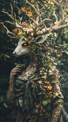 Obraz premium Mystical Forest Guardian: A Stunning Depiction of a Wooded Creature with Antlers and Nature's Adornments, Symbolizing Harmony Between Nature and Spirit