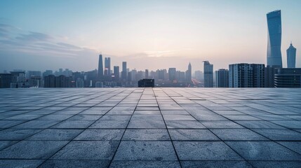 Empty square floor with city skyline background, Urban square with serene rooftop lounge, panoramic...