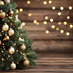 Decorated Christmas tree with lights on wooden background.