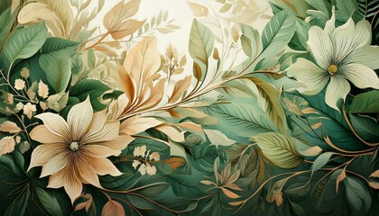 Fond floral abstrait avec motifs de feuilles et fleurs dans des tons de vert et beige pour un effet naturel