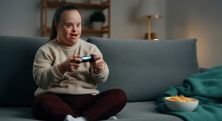 Engaged young woman gaming relaxed indoors with snacks on cozy sofa