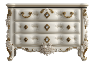 French antique 19th-century cream and gold baroque chest of drawers, chateau furniture, isolated on a white background, elegantly curved legs and carved roses detail.